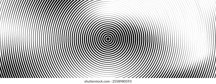 Black concentric circle texture. Radial geometric pattern background. Line epicenter, radar or target concept. Round rippled ring wallpaper for brochure, template, poster, overlay. Vector backdrop