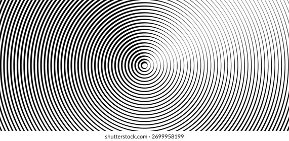 Textura de círculo concêntrico preto. Fundo de padrão geométrico radial. Conceito de epicentro linear, radar ou alvo. Papel de parede anel ondulado redondo para brochura, modelo, cartaz, sobreposição. Vetor eps10

