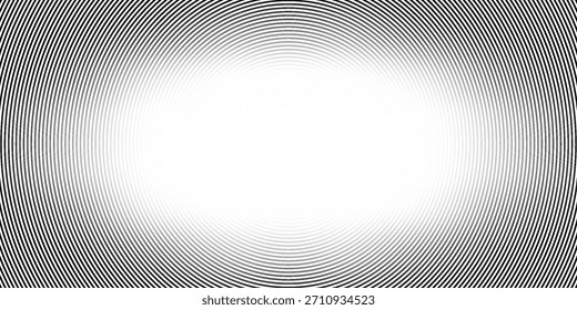 Textura de círculo concéntrico negro. Fondo de patrón geométrico radial. Epicentro lineal, radar, concepto de objetivo. Fondo de pantalla de anillo de medio tono ondulado redondo para folleto, Plantilla, póster, superposición. Vector