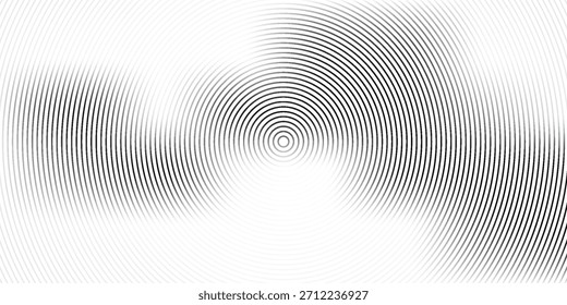 Textura de círculo concêntrico preto. Fundo de padrão geométrico radial. Conceito de epicentro linear, radar ou alvo. Papel de parede anel ondulado redondo para brochura, modelo, cartaz, sobreposição. Tela de fundo do vetor