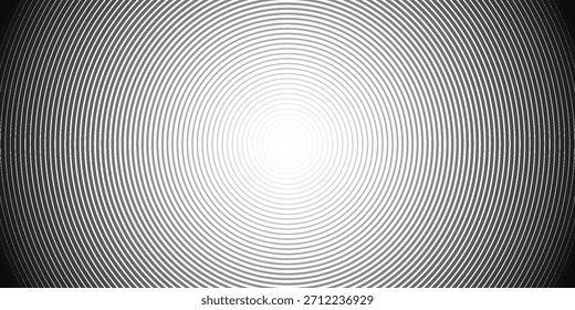 Textura de círculo concéntrico negro. Fondo de patrón geométrico radial. Concepto de epicentro lineal, radar o objetivo. Fondo de pantalla de anillo ondulado redondo para folleto, Plantilla, póster, superposición. telón de fondo del Vector