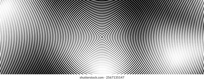 Black concentric circles background. Radial geometric pattern wallpaper. Linear epicenter, radar or target concept. Round rippled rings backdrop for brochure, banner, poster, overlay. Vector texture