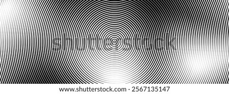 Black concentric circles background. Radial geometric pattern wallpaper. Linear epicenter, radar or target concept. Round rippled rings backdrop for brochure, banner, poster, overlay. Vector texture