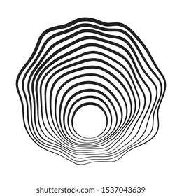 Black concentric curved lines that makes a round abstract organic shape. Halftone lines with different thickness. Vector element for design.