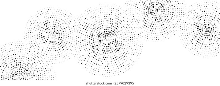 Black concentric dotted circles pattern. Rippled sound wave rings background. Radial halftone abstract wallpaper. Tech circular particles texture for banner, poster, presentation. Vector backdrop