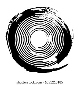 Black concentric grunge circle. Vector overlaying design element