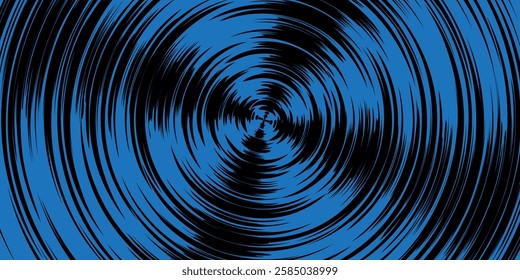 Black concentric lines on blue bg as a spinning vinyl record or manga spin vector illustration. Comic teleport or whirlpool epicenter. Optical dizzling swirl illusion