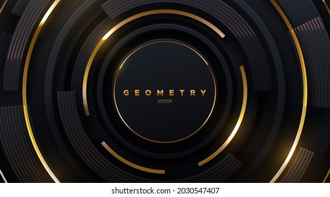 Black concentric radial shapes with gold sparkling stripes. Abstract futuristic background. Vector geometric illustration. Circular shapes. Futuristic cover design. Minimalist broadcast style concept. - Shutterstock ID 2030547407