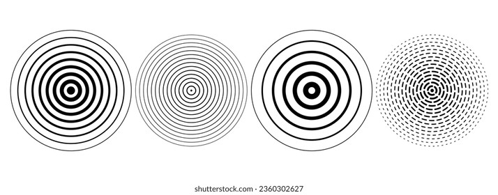 Black concentric ripple circles set. Dotted sonar or sound wave rings collection. Epicentre, target, radar icon concept. Radial signal or vibration elements. Halftone vector