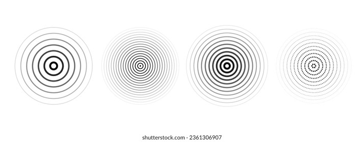 Black concentric ripple circles set. Dotted or linear sound wave rings collection. Epicenter, target, radar, sonar icon concept. Radial signal or vibration elements. Halftone vector illustration 