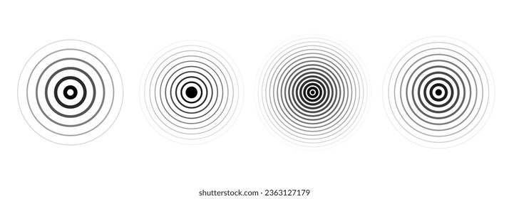 Black concentric ripple circles set. Linear sound wave rings collection. Epicenter, target, radar, sonar icon concept. Radial signal or vibration elements. Halftone vector illustration 