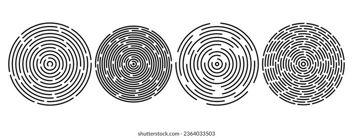 Black concentric ripple circles set. Linear sound wave rings collection. Epicenter, target, radar, sonar icon concept. Radial signal or vibration elements. Line vector illustration 