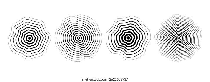 Schwarzer konzentrischer geriffelter Kreis. Punktierte und gestrichelte runde Klangwellensammlung. Epizentrum, Ziel, Radar, Sonar-Icon-Konzept. Radiales Funksignal oder Vibrationselementpaket mit Halbton-Vektorwelligkeit