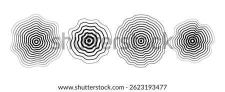 Black concentric rippled circle set. Dotted and dashed round sound wave collection. Epicenter, target, radar, sonar icon concept. Vector ripple halftone radial radio signal or vibration element pack