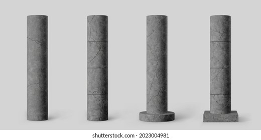 Black concrete broken cylindrical columns set with cracks isolated on grey background. Realistic dark old cement 3d pillar for modern interior or bridge construction. Textured concrete pole base
