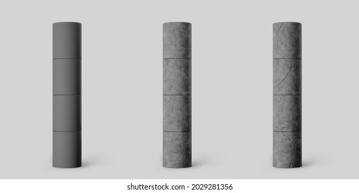 Black concrete cylindrical columns with cracks set isolated on grey background. Realistic dark cement 3d pillar for modern room interior or bridge construction. Vector textured concrete pole base