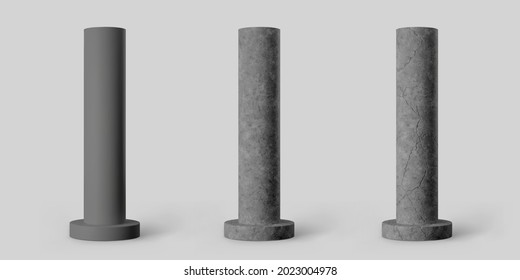 Black concrete cylindrical columns with round plinth and cracks isolated on grey background. Realistic dark cement 3d pillar for interior or bridge construction. Vector textured concrete pole base