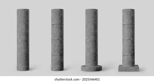 Black concrete cylindrical columns set isolated on grey background. Realistic dark cement 3d pillar for room interior or bridge construction. Vector textured concrete pole base for banner or billboard