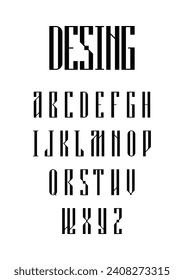 Black condensed digital latin gothic alphabet design on white background