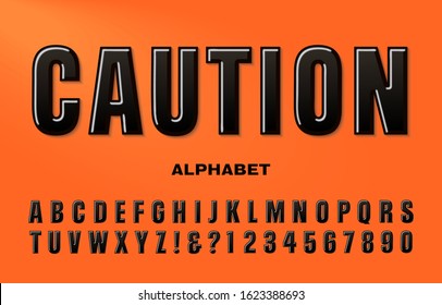 A black condensed sans serif alphabet. Caution is a strong bold font that would work well on road construction signs or danger warning signs in an industrial, factory, or machine shop location.