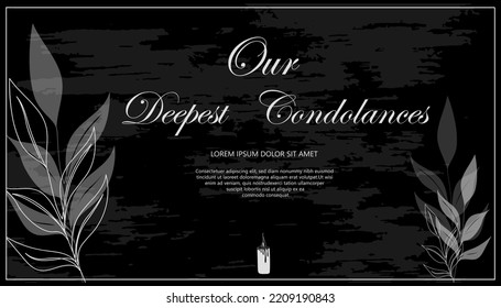 Black Condolences Card With Grunge Background. Text, Branch Plant, Candle. Vector Illustration For Funeral Card Template.