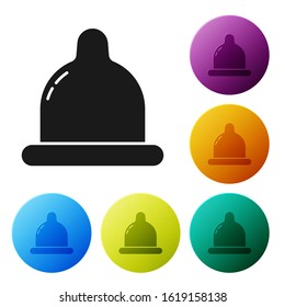 Black Condom icon isolated on white background. Safe love symbol. Contraceptive method for male. Set icons colorful circle buttons. Vector Illustration