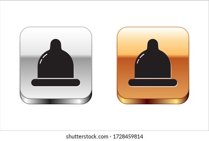 Icono de condón negro aislado en fondo blanco. Símbolo de amor seguro. Método anticonceptivo para hombres. Botón cuadrado de oro plateado. Ilustración vectorial