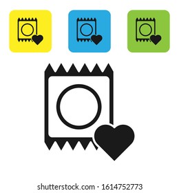 Black Condom in package icon isolated on white background. Safe love symbol. Contraceptive method for male. Set icons colorful square buttons. Vector Illustration