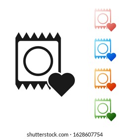 Black Condom in package icon isolated on white background. Safe love symbol. Contraceptive method for male. Set icons colorful. Vector Illustration