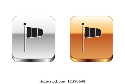 Black Cone meteorology windsock wind vane icon isolated on white background. Windsock indicate the direction and strength of the wind. Silver-gold square button. Vector Illustration