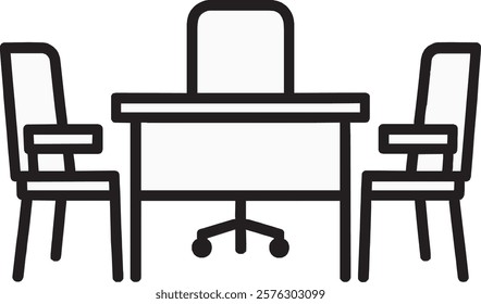 A black conference table icon on a white background. It showcases an oval-shaped table with multiple chairs around it, highlighting teamwork, meetings, and collaboration in a sleek, minimalist design.