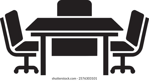 A black conference table icon on a white background. It showcases an oval-shaped table with multiple chairs around it, highlighting teamwork, meetings, and collaboration in a sleek, minimalist design.