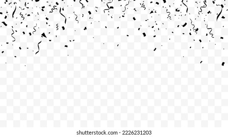 Black confetti background. Festive backdrop. Party design with golden ribbons. Vector illustration