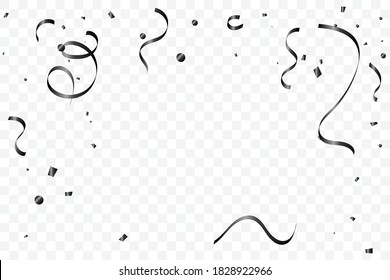 Black Confetti And Ribbon. Celebration Event & Birthday. Halloween Party Background. Vector Illustration