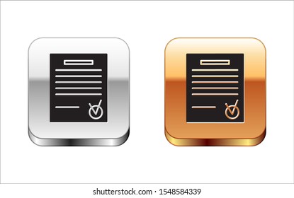 Black Confirmed document and check mark icon isolated on white background. Checklist icon. Business concept. Silver-gold square button. Vector Illustration