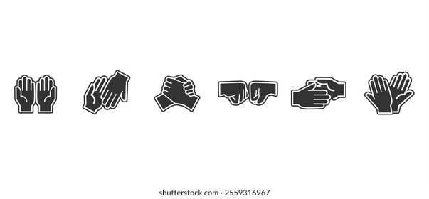 Black connected two handed gesture  flat icons set. Unity, peace and love. Hand icon set. Contains gestures, collection of vector icons in flat form isolated on transparent background. 