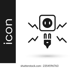 Black Connecting electric plug with electricity spark icon isolated on white background.  Vector