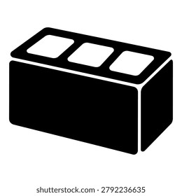Black construction brick silhouette icon with rectangular block shape, perspective side face, top holes, smooth edges, and clean white cutout details, isolated on white background. Simple building material vector illustration for construction, masonry, brickwork, repair, renovation, sticker, print, and decorative design.