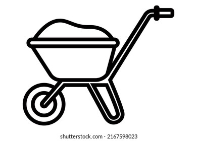 A black construction cart icon is transporting cargo in the garden. flat vector illustration.