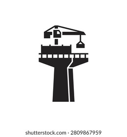 Black construction crane icon on top of a bridge support pillar
