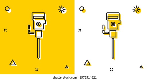 Black Construction jackhammer icon isolated on yellow and white background. Random dynamic shapes. Vector Illustration