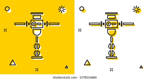 Black Construction jackhammer icon isolated on yellow and white background. Random dynamic shapes. Vector Illustration