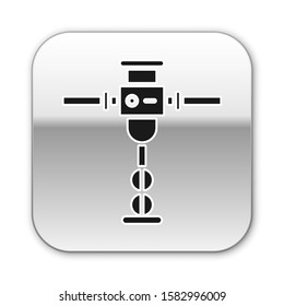 Black Construction jackhammer icon isolated on white background. Silver square button. Vector Illustration