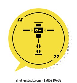 Black Construction jackhammer icon isolated on white background. Yellow speech bubble symbol. Vector Illustration