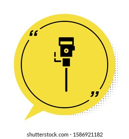 Black Construction jackhammer icon isolated on white background. Yellow speech bubble symbol. Vector Illustration