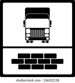 black construction material supply symbol with truck and bricks silhouette 