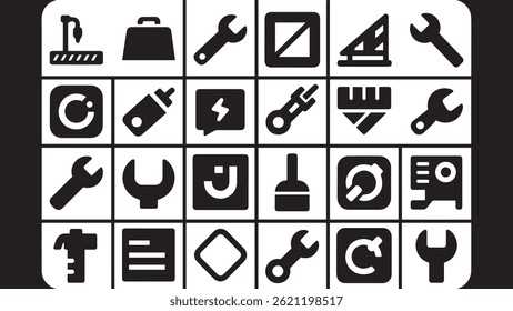 Black Construction Tools Icon Set on White Background, Solid Black Silhouette Construction Equipment and Tool Icons

