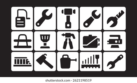 Black Construction Tools Icon Set on White Background, Solid Black Silhouette Construction Equipment and Tool Icons


