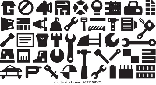 Black Construction Tools Icon Set on White Background, Solid Black Silhouette Construction Equipment and Tool Icons

