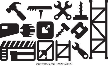 Black Construction Tools Icon Set on White Background, Solid Black Silhouette Construction Equipment and Tool Icons

